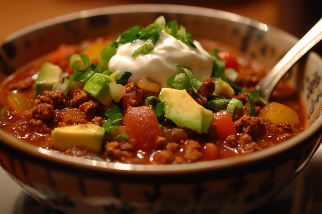 Serving of low sodium chili topped with avocado, yogurt, and green onions.