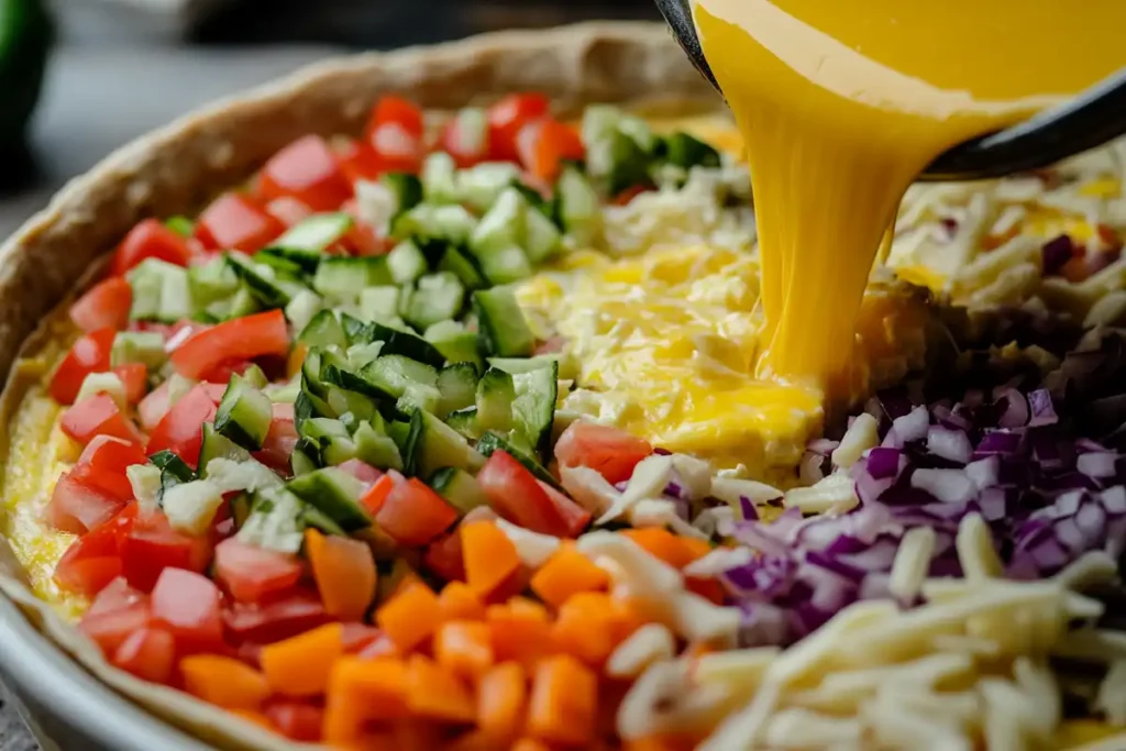 Assembling the tortilla quiche with fresh ingredients.