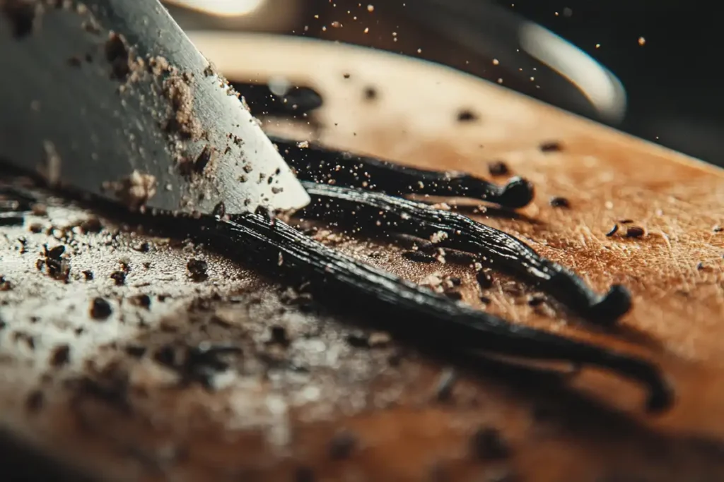Splitting vanilla beans for making vanilla paste.