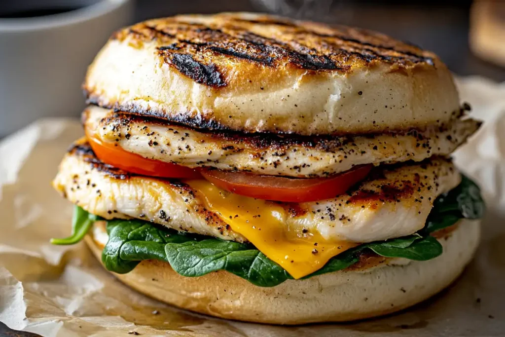 Grilled chicken and cheese bagel sandwich with spinach and tomatoes.