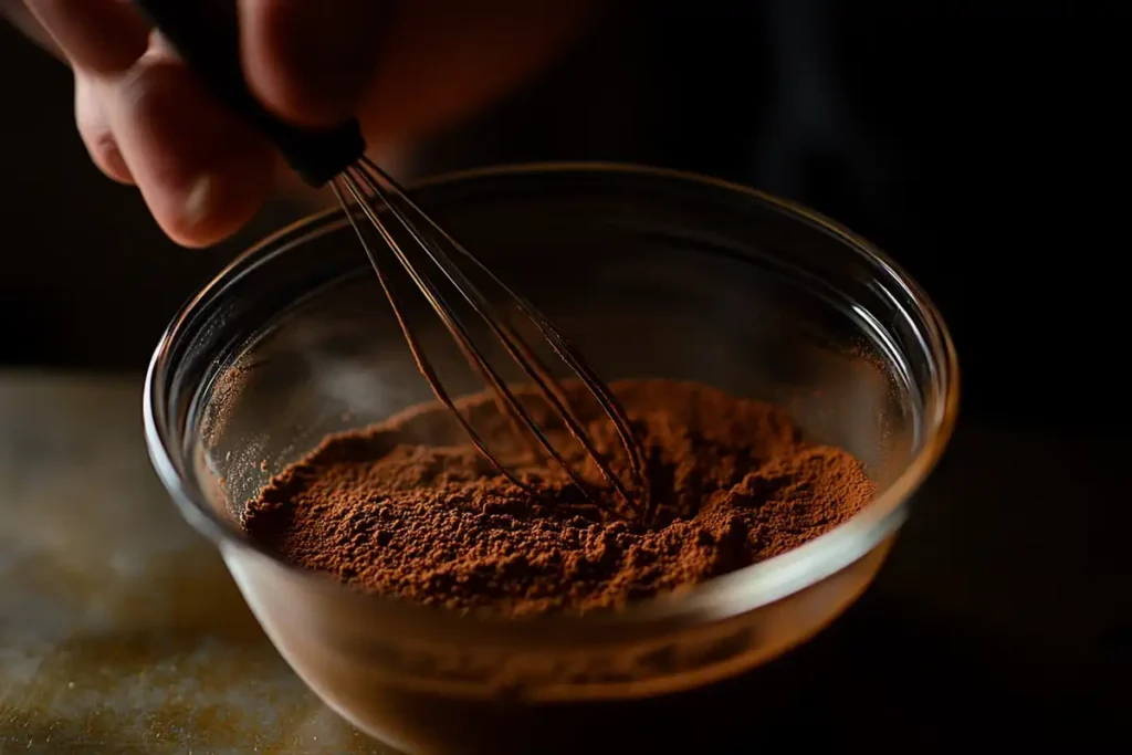 Mixing cocoa powder, sugar, and milk into a smooth paste.