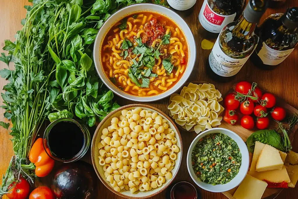 A table spread with ditalini pasta dishes, including soup, salad, and a baked casserole, surrounded by fresh vegetables and herbs.