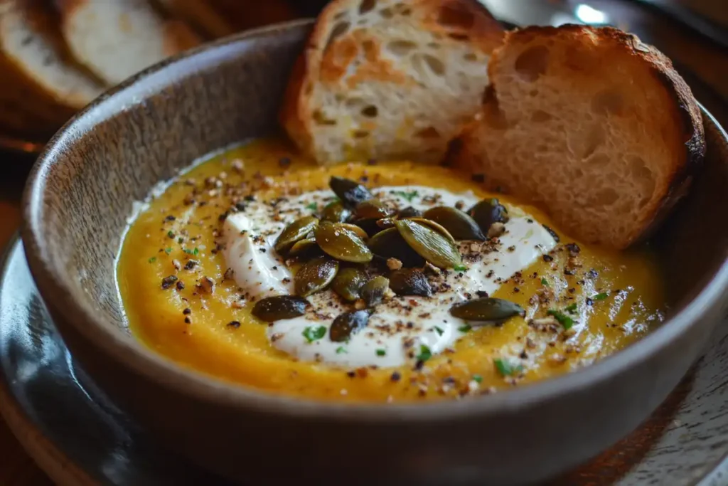 Carnival squash soup garnished with roasted seeds and cream.