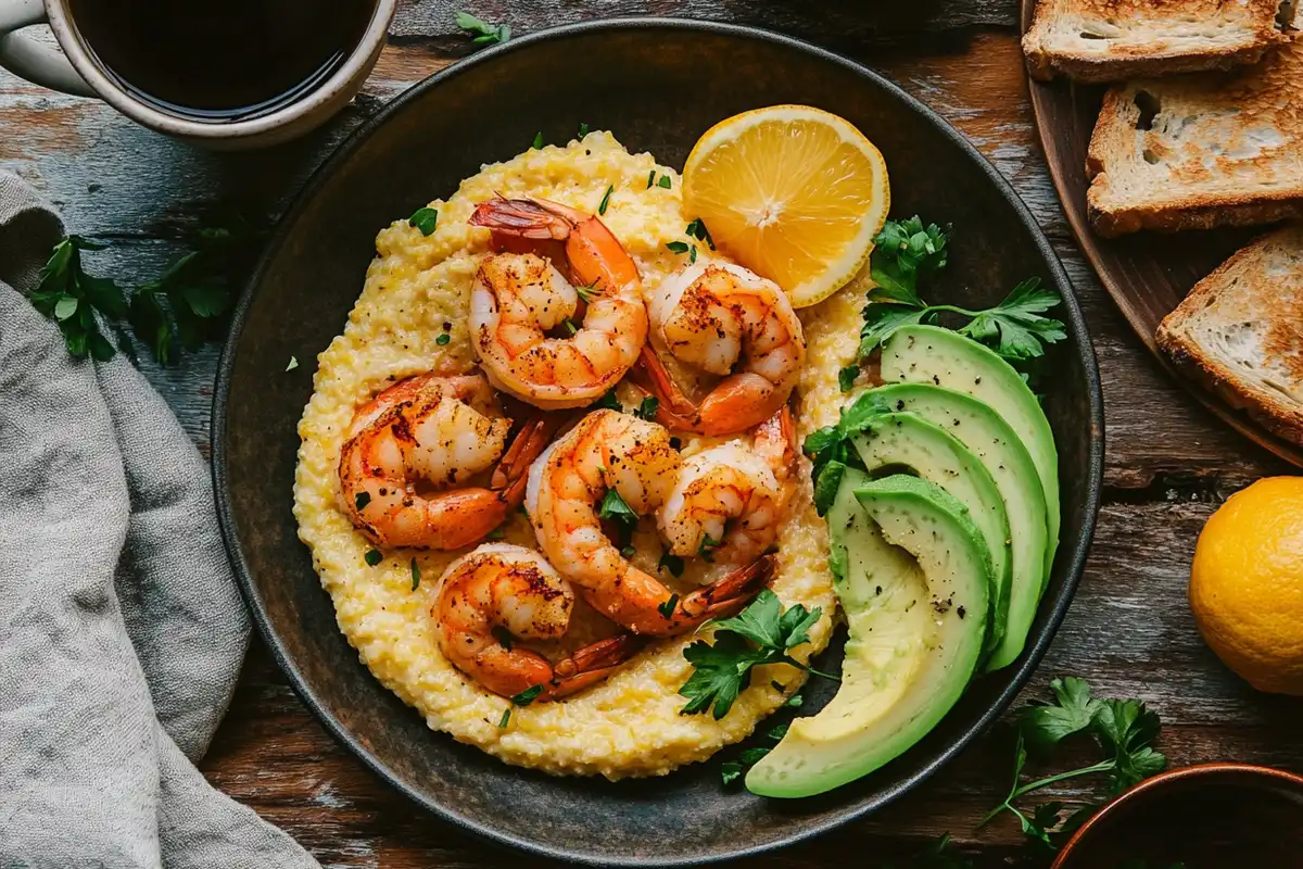 A shrimp breakfast dish with golden shrimp on creamy grits, surrounded by avocado slices, a fluffy omelette, and toast on a rustic wooden table.