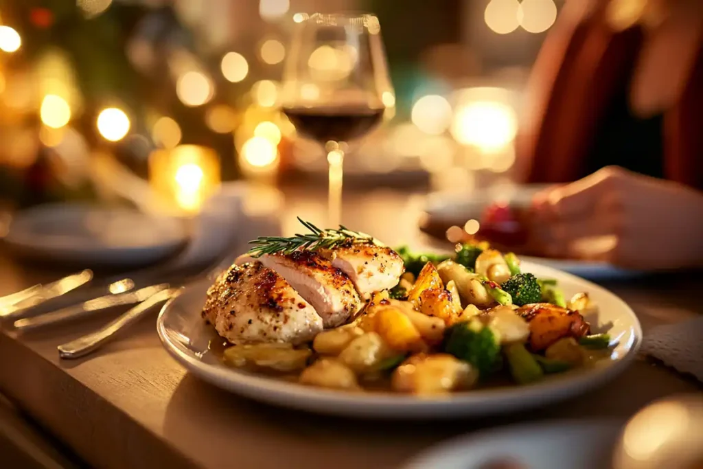 A family enjoying a Green Chef dinner of Garlic Honey Chicken and sautéed vegetables.