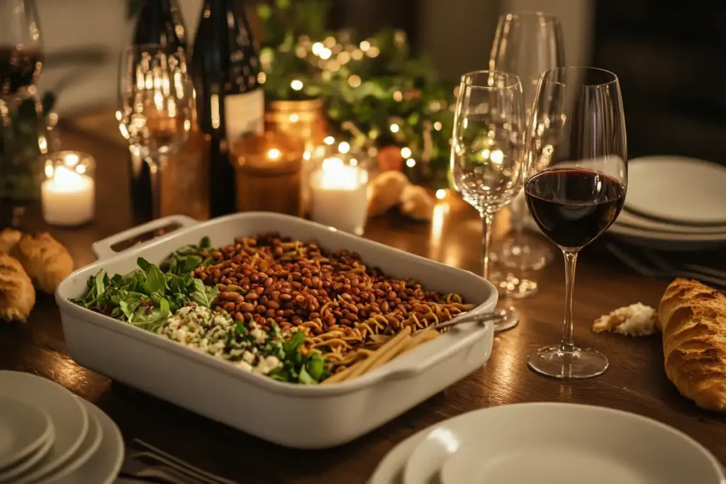 A serving suggestion for bean pasta with salad and breadsticks.
