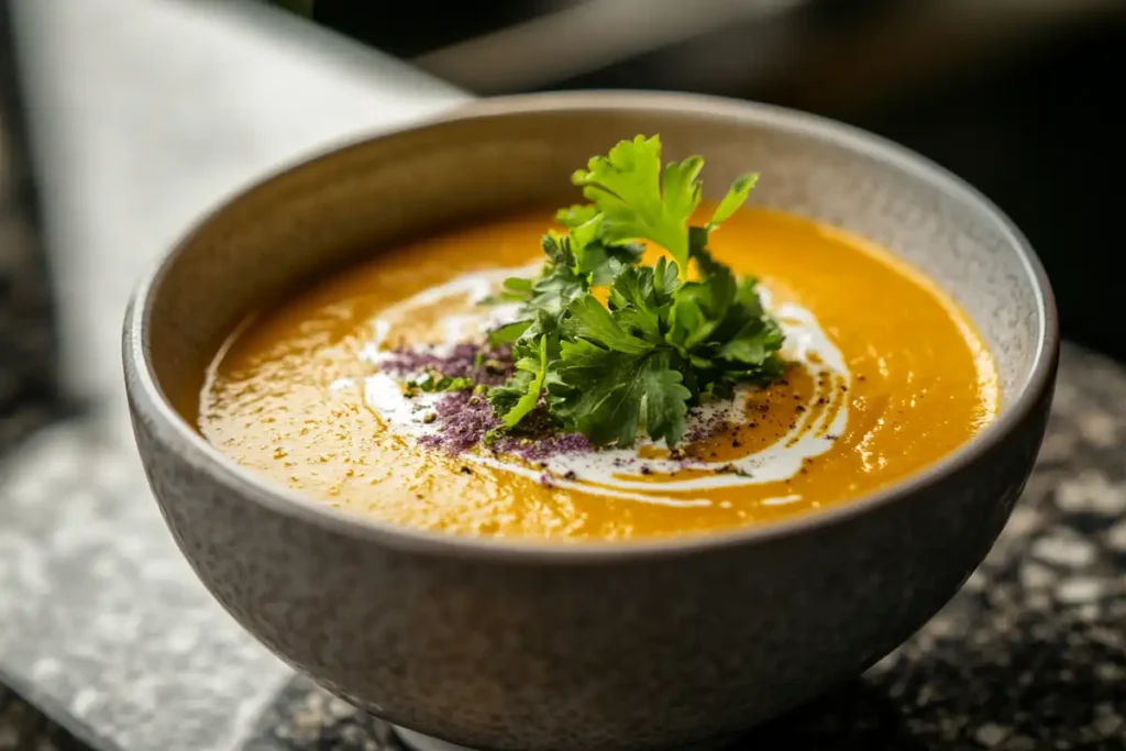 Creamy purple carrot soup garnished with coconut cream and parsley.