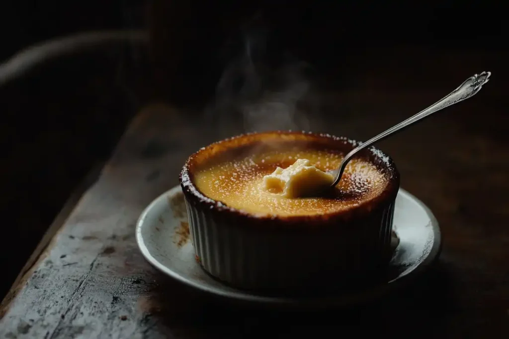 A coffee-infused crème brûlée with a caramelized sugar crust.