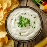 Creamy Lipton onion dip with chips and veggies.