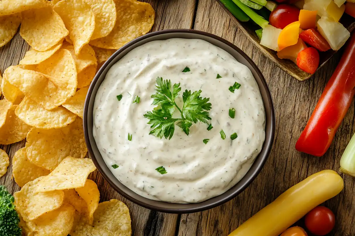 Creamy Lipton onion dip with chips and veggies.