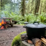 A Dutch oven placed over a campfire in a lush forest setting with cooking tools nearby.
