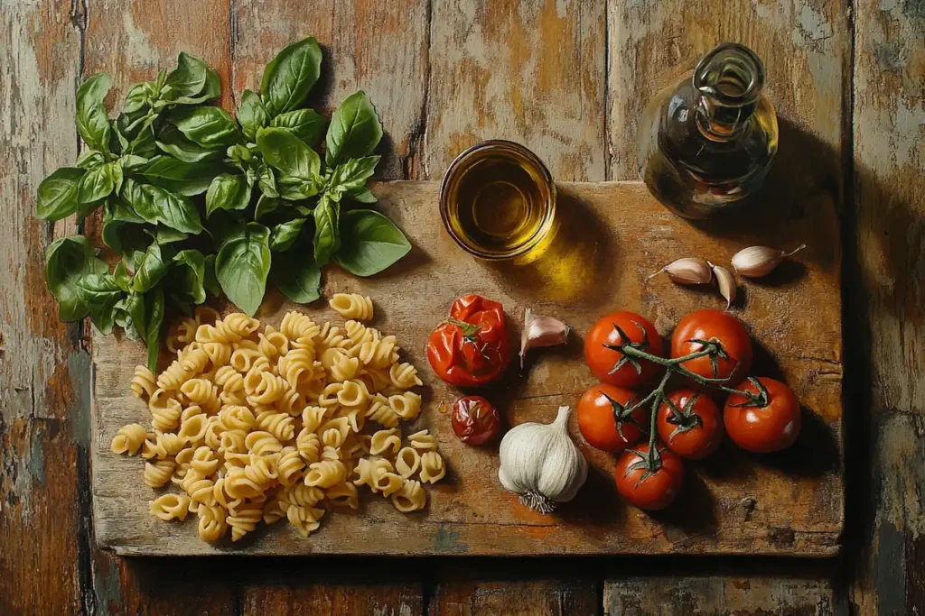 Fresh ingredients for a ditalini recipe: pasta, tomatoes, basil, and olive oil.