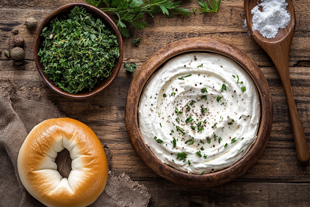 Ingredients for bagel dip recipe, including cream cheese, herbs, and spices.