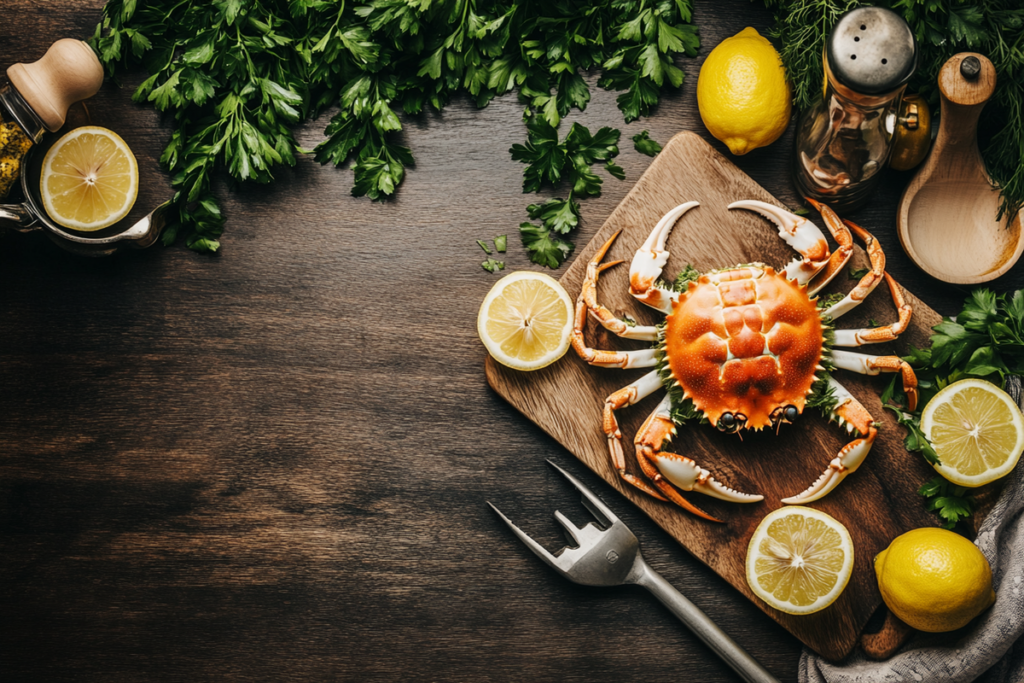 Fresh Dungeness crab on a cutting board surrounded by lemon wedges and herbs.