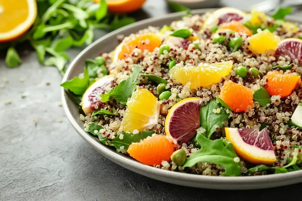 Purple carrot and quinoa salad with citrus segments and greens.