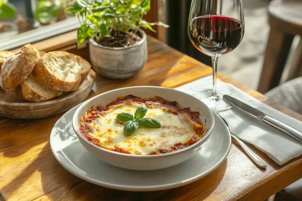 Served San Giorgio Lasagna with basil garnish