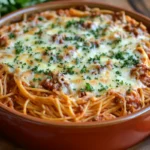 Freshly baked spaghetti casserole with melted cheese and herbs.