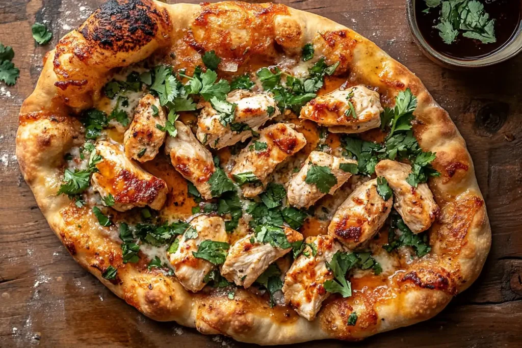 A fully assembled chicken flatbread with a crispy crust, garnished with fresh herbs and served with dipping sauce on a wooden table.