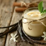 Glass jar of homemade vanilla paste with fresh vanilla beans.