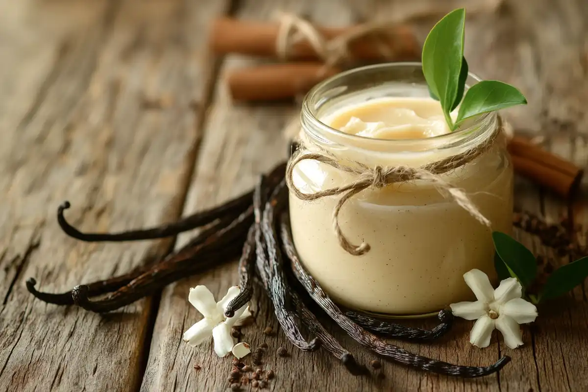 Glass jar of homemade vanilla paste with fresh vanilla beans.