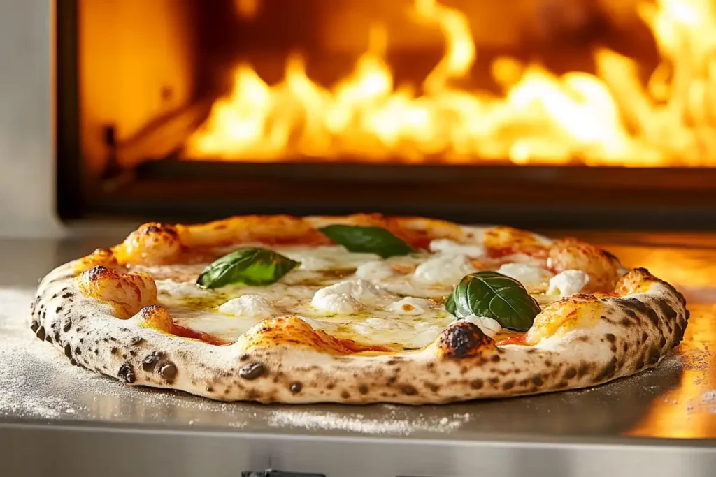 Golden Neapolitan pizza in an Ooni oven with roaring flames.