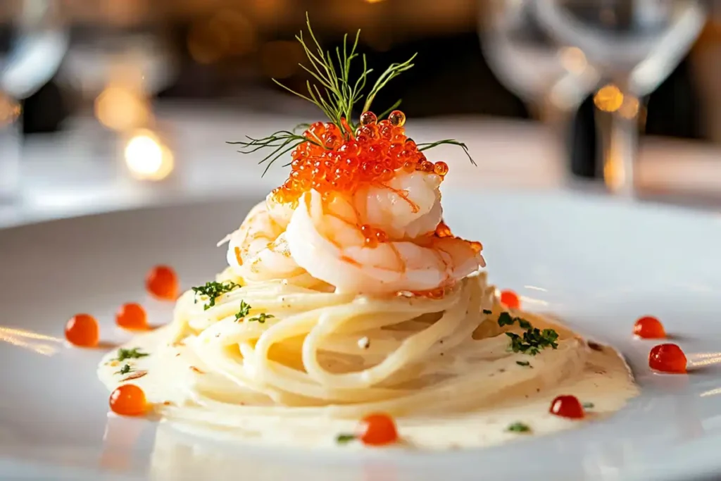 Gourmet pasta dish garnished with shrimp roe
