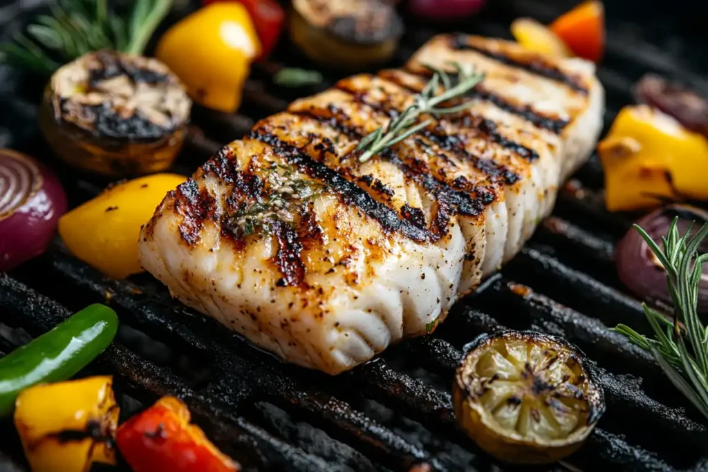 Grilled triggerfish fillet on a barbecue with vegetables
