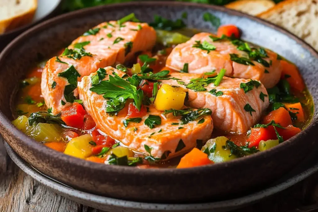 A bowl of salmon stew garnished with parsley, served with crusty bread on a rustic table.