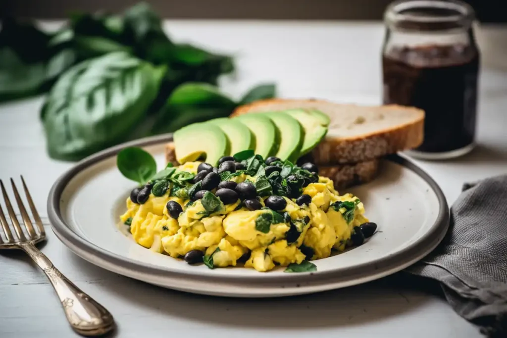 Scrambled eggs with spinach, black beans, and avocado slices.