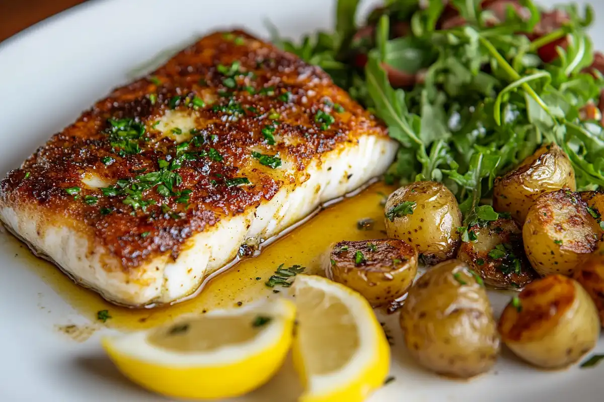 Branzino fillet with crispy skin, roasted potatoes, and arugula salad on a white plate.