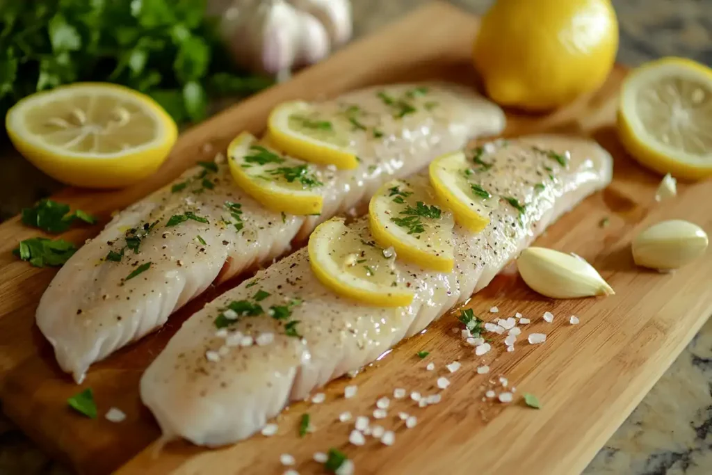 Fresh branzino fillets seasoned with olive oil, salt, and lemon on a wooden board.