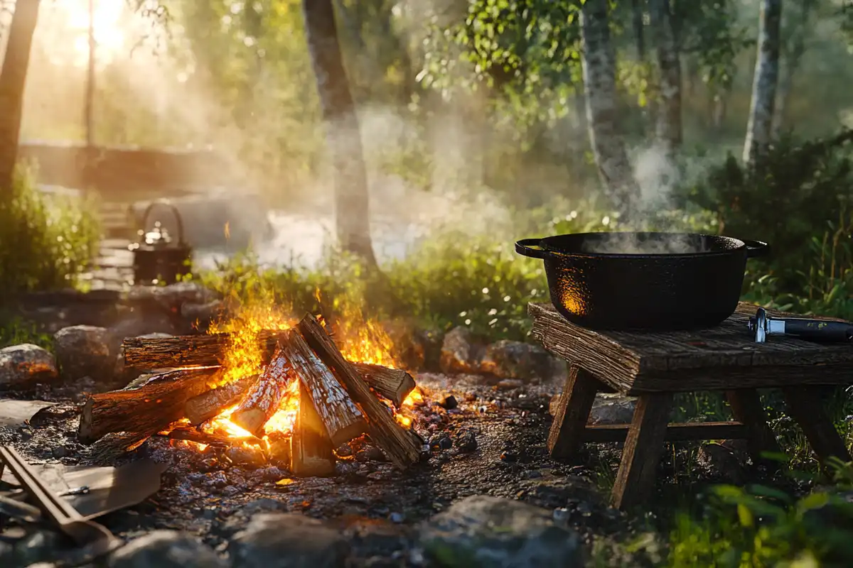 A Dutch oven cooking over a glowing campfire surrounded by charred firewood and hot embers, set in a serene forest with sunlight filtering through the trees.