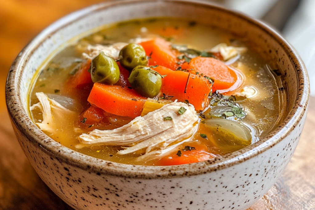 A bowl of crockpot chicken soup served on a kitchen counter, showcasing vibrant vegetables and tender chicken, with natural lighting and a cozy, home-cooked feel.