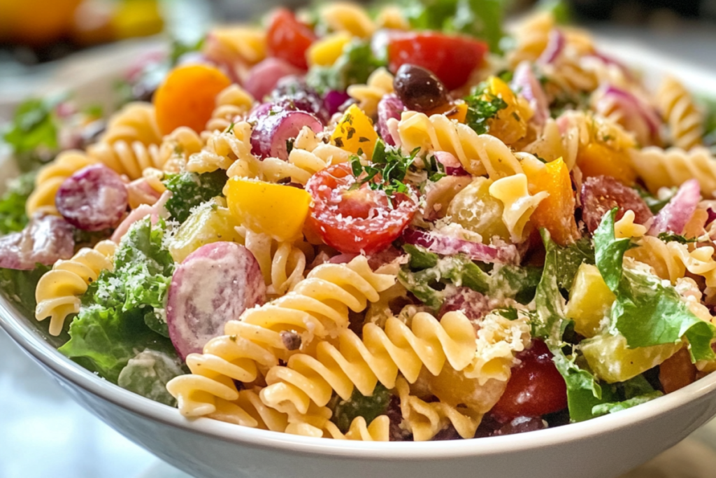 A fresh and colorful Pasta House Salad in a white ceramic bowl featuring crisp lettuce, artichoke hearts, pimentos, red onions, and Parmesan cheese, lightly dressed.