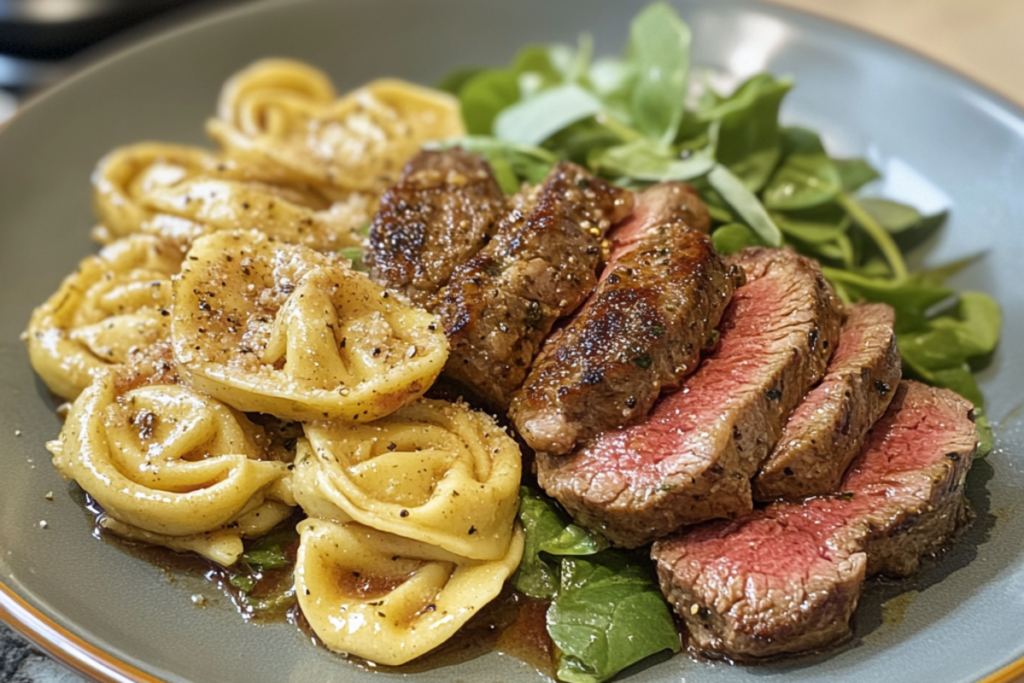 Tender steak slices layered over cheese tortellini, drizzled with creamy Alfredo sauce and garnished with fresh parsley on a white plate.