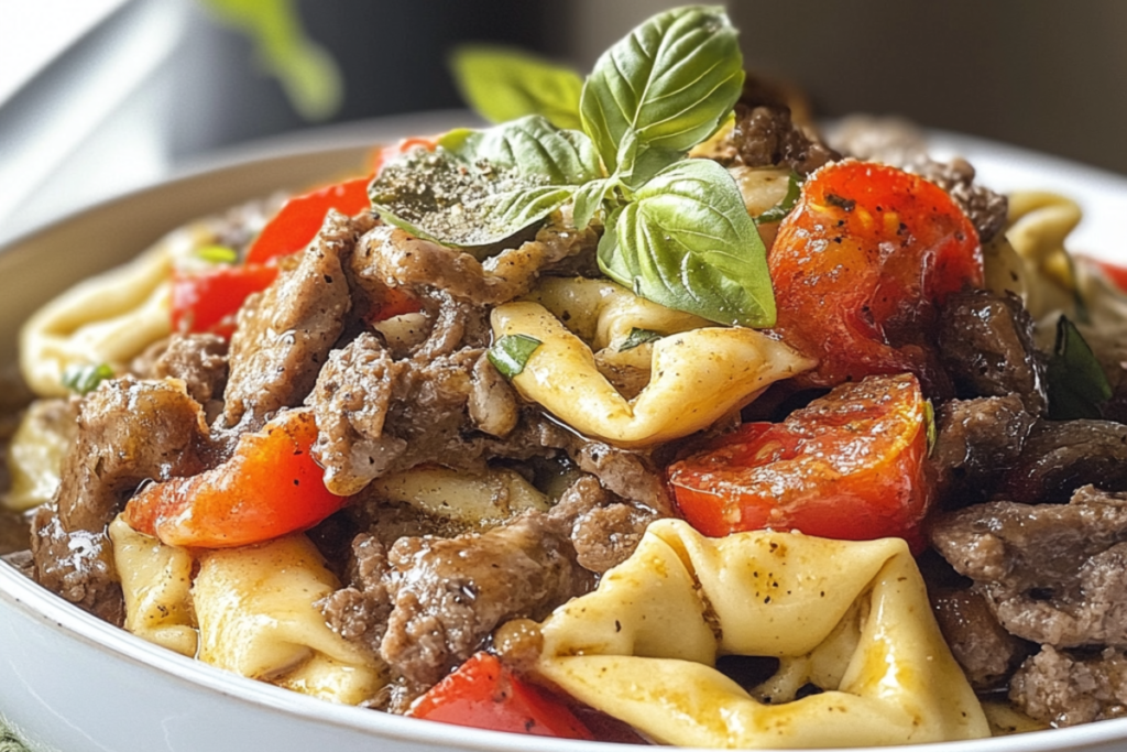 A bowl of Philly Cheesesteak Tortellini garnished with parsley and melted cheese.