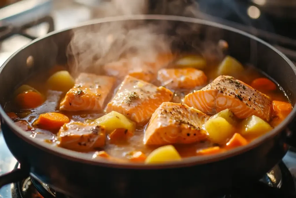 Simmering salmon stew with chunks of salmon, potatoes, and carrots in a rich broth.