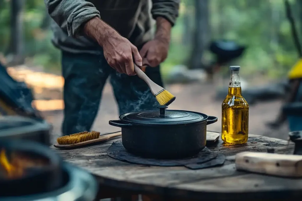 A camper cleaning a Dutch oven with a wooden brush on a rustic wooden table at a forested campsite.
