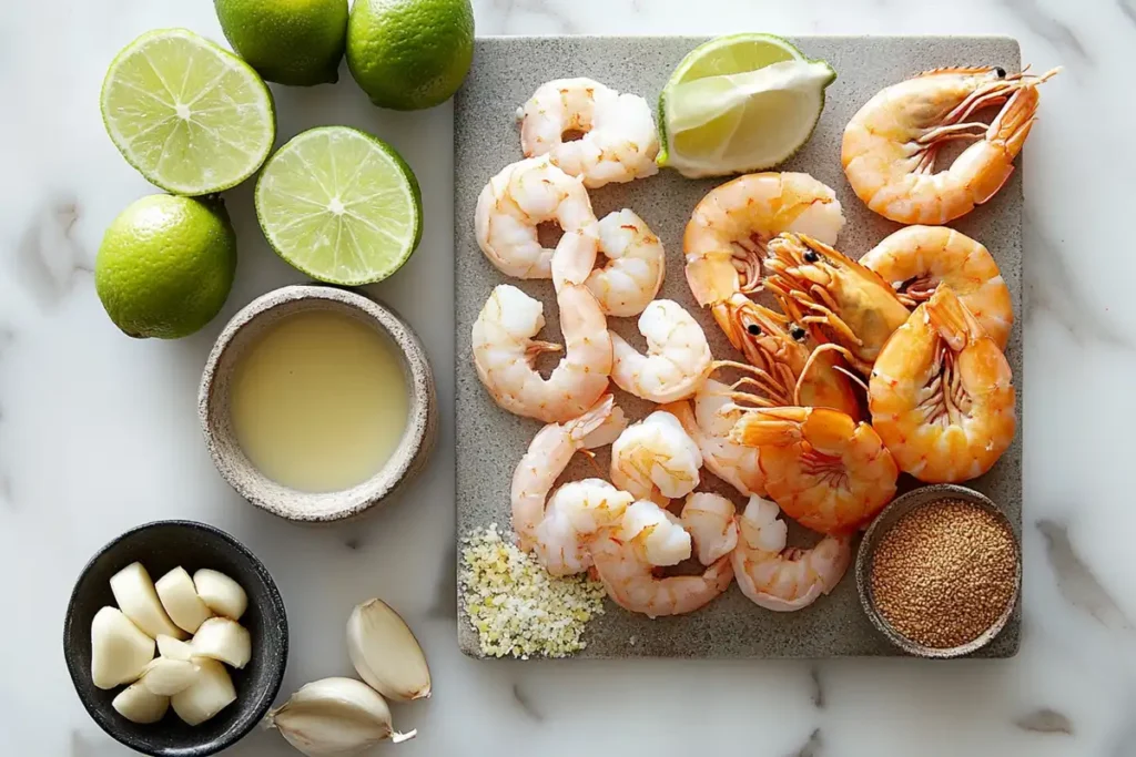 Fresh ingredients for a creamy coconut shrimp recipe on a kitchen counter.