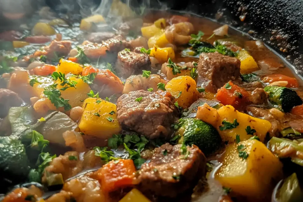 A close-up of a Dutch oven filled with a hearty beef and vegetable stew, simmering over glowing campfire coals.
