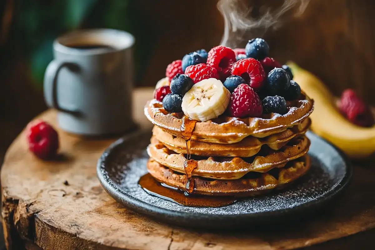 Stack of Kodiak waffles topped with fresh berries, bananas, and syrup on a rustic breakfast table.
