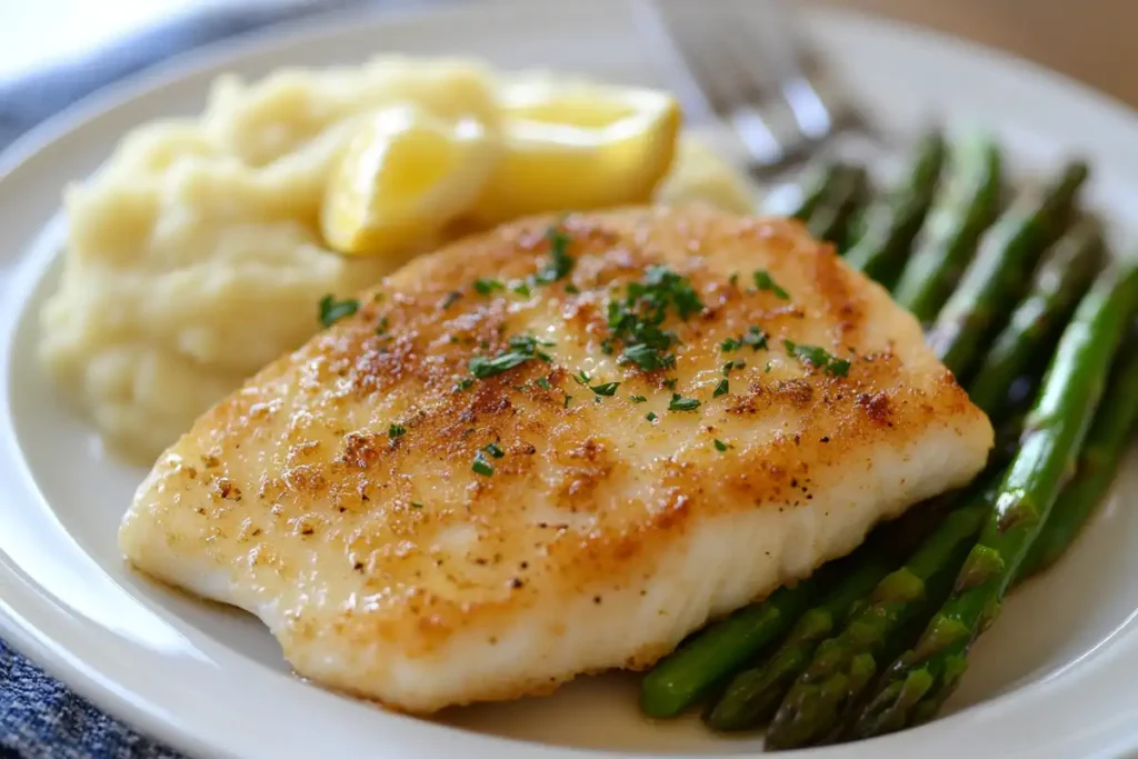 Pan-seared triggerfish fillet with garlic mashed potatoes

