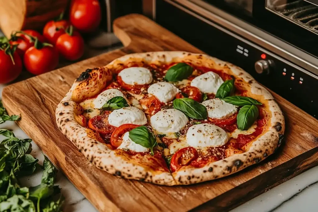 Slicing a finished pizza surrounded by fresh ingredients and an Ooni oven.