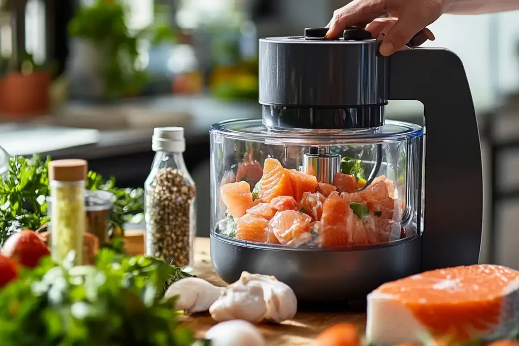 A food processor blending fish food ingredients, including vegetables and shrimp, into a smooth mixture.