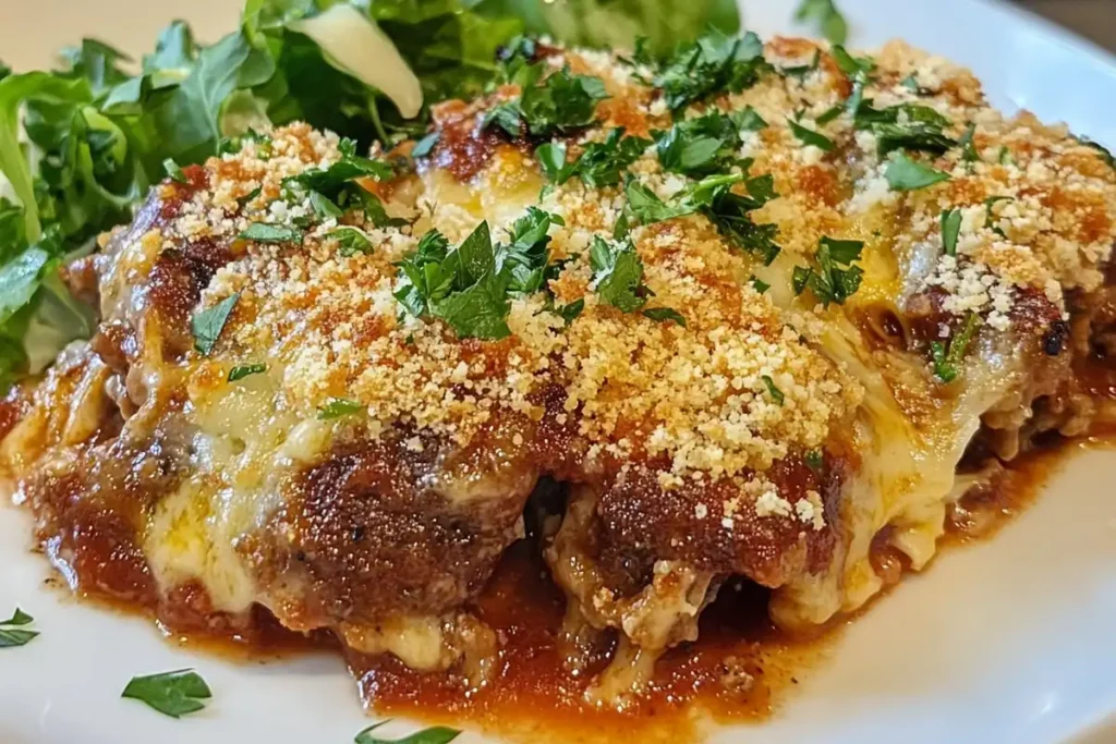 Baked beef sausage casserole topped with melted cheese and parsley.