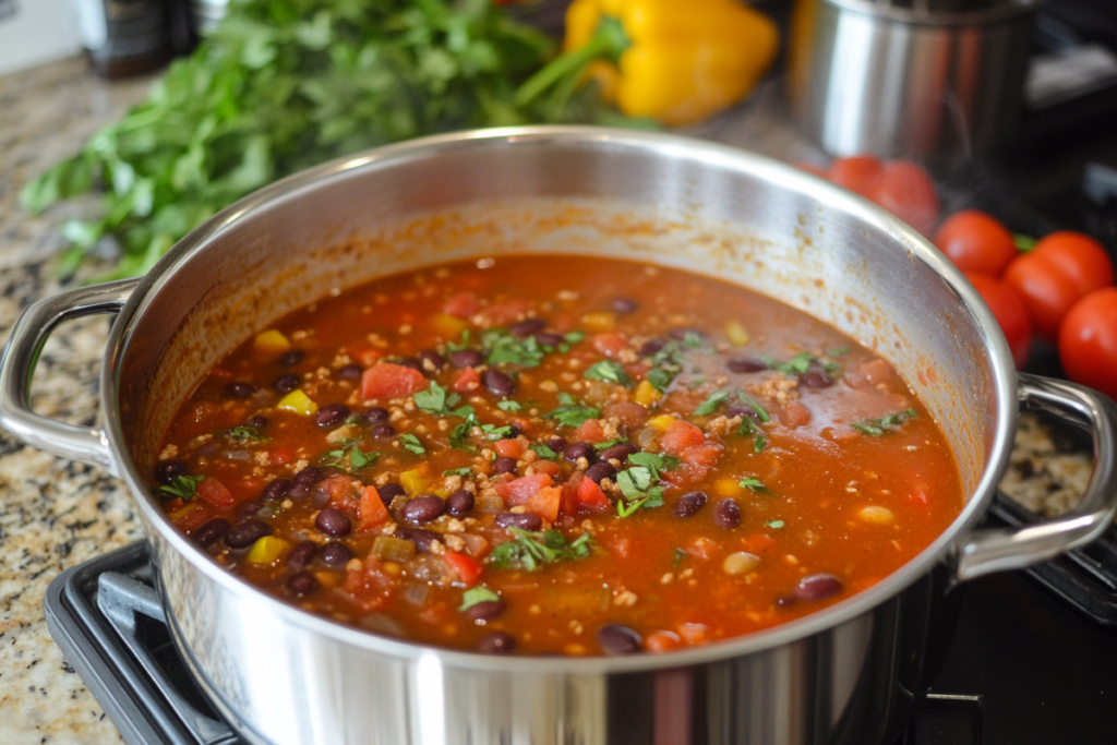Low sodium chili simmering in a pot surrounded by fresh herbs and spices.