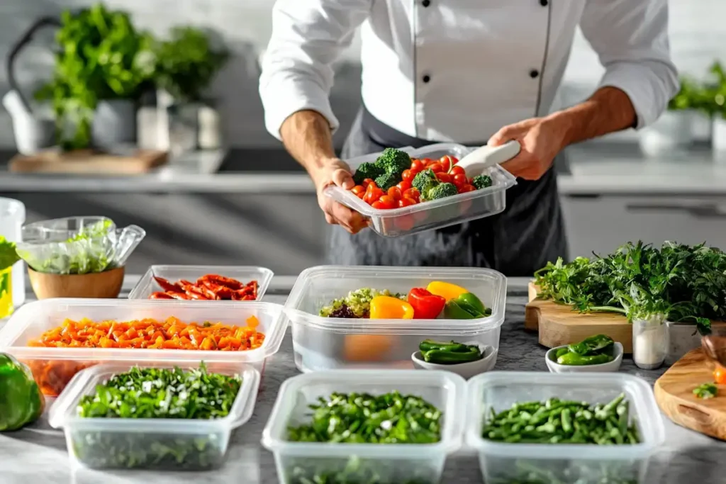 A chef preparing a Green Chef recipe with fresh organic vegetables and premium proteins.