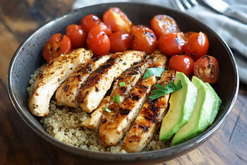 Healthy chicken and quinoa breakfast bowl with avocado, tomatoes, and chia seeds.