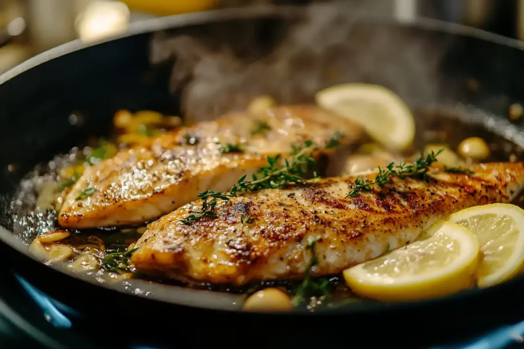 Branzino fillets cooking in a skillet with crispy skin and sizzling garlic.
