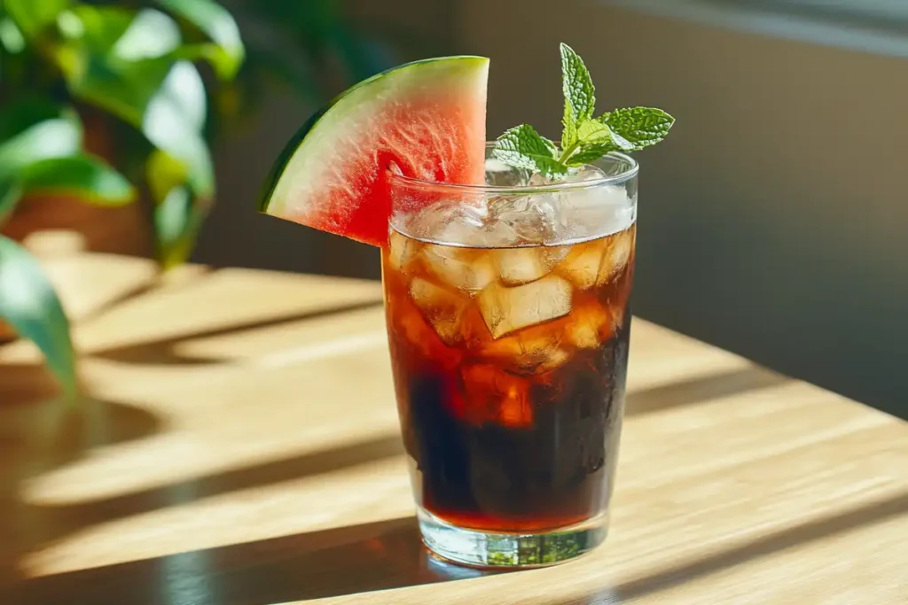 A watermelon-infused cold brew coffee garnished with a watermelon slice and mint